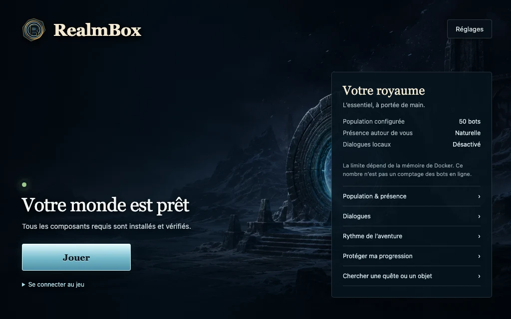 Le launcher RealmBox prêt à lancer World of Warcraft en local