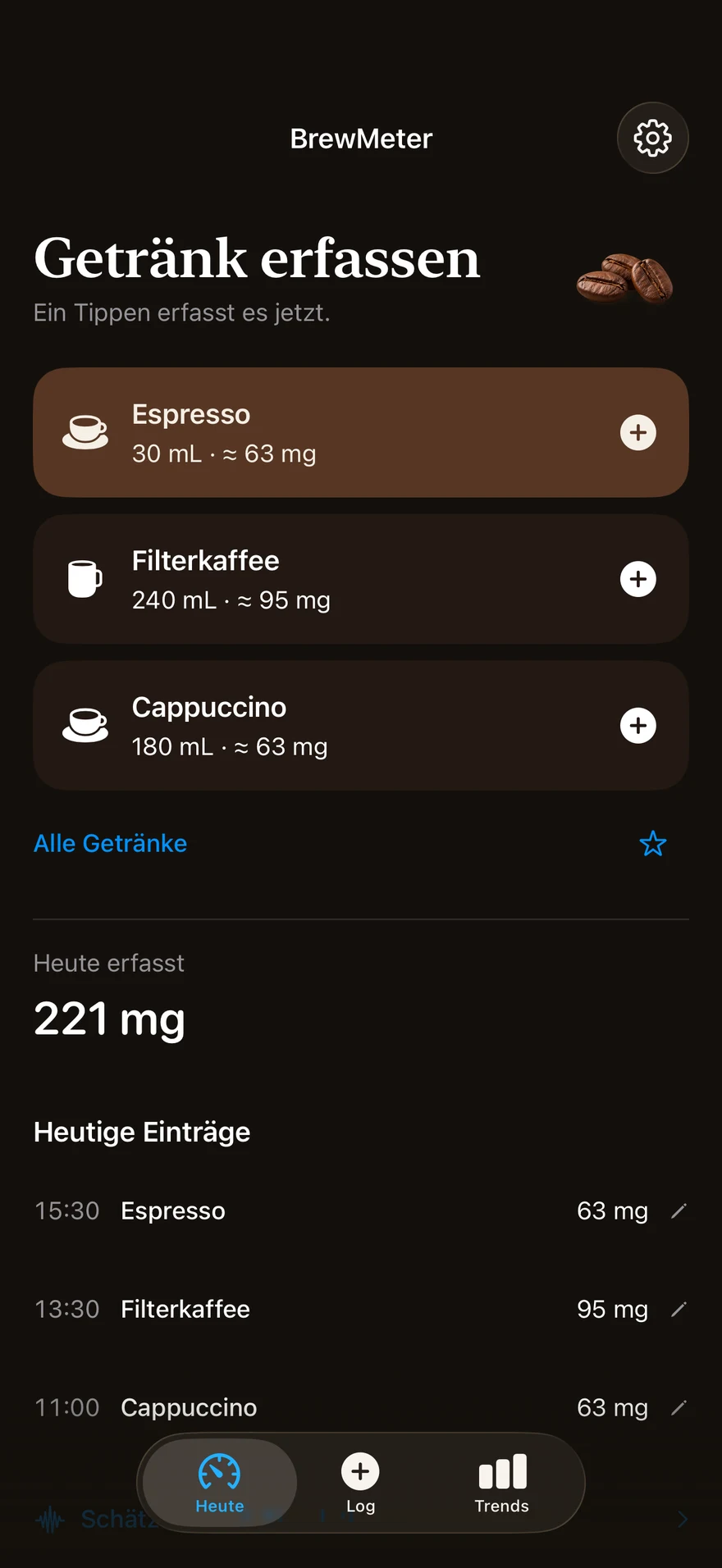 Der Heute-Bildschirm von BrewMeter: Espresso, Filterkaffee und Cappuccino mit Portion und Koffein, heute 221 mg erfasst.