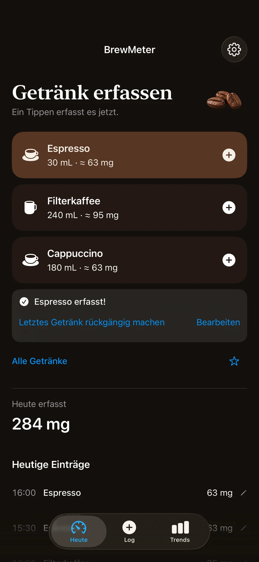 Ein gerade erfasster Espresso in BrewMeter, mit Tasten zum Rückgängigmachen oder Bearbeiten.