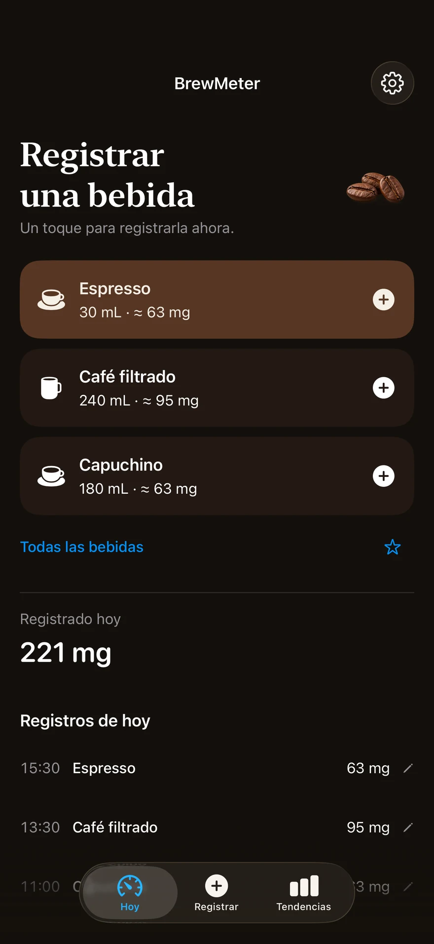 La pantalla Hoy de BrewMeter: espresso, café de filtro y capuchino con su ración y su cafeína, y 221 mg registrados hoy.