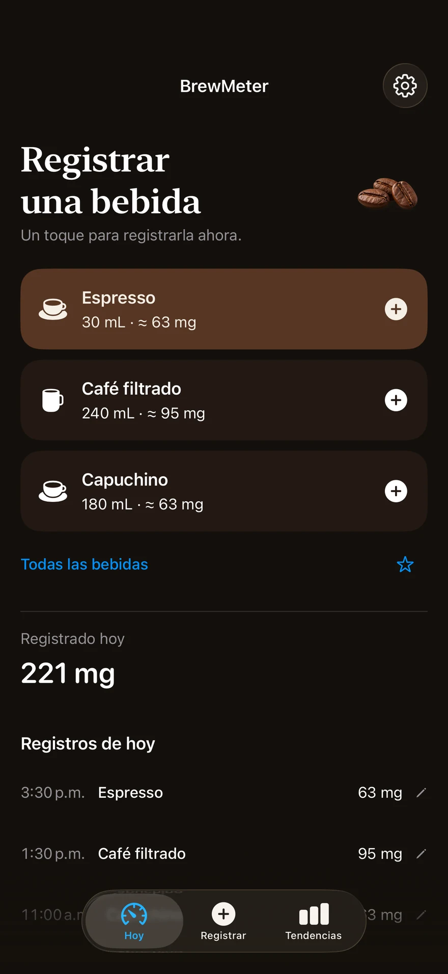 La pantalla Hoy de BrewMeter: espresso, café de filtro y capuchino con su ración y su cafeína, y 221 mg registrados hoy.
