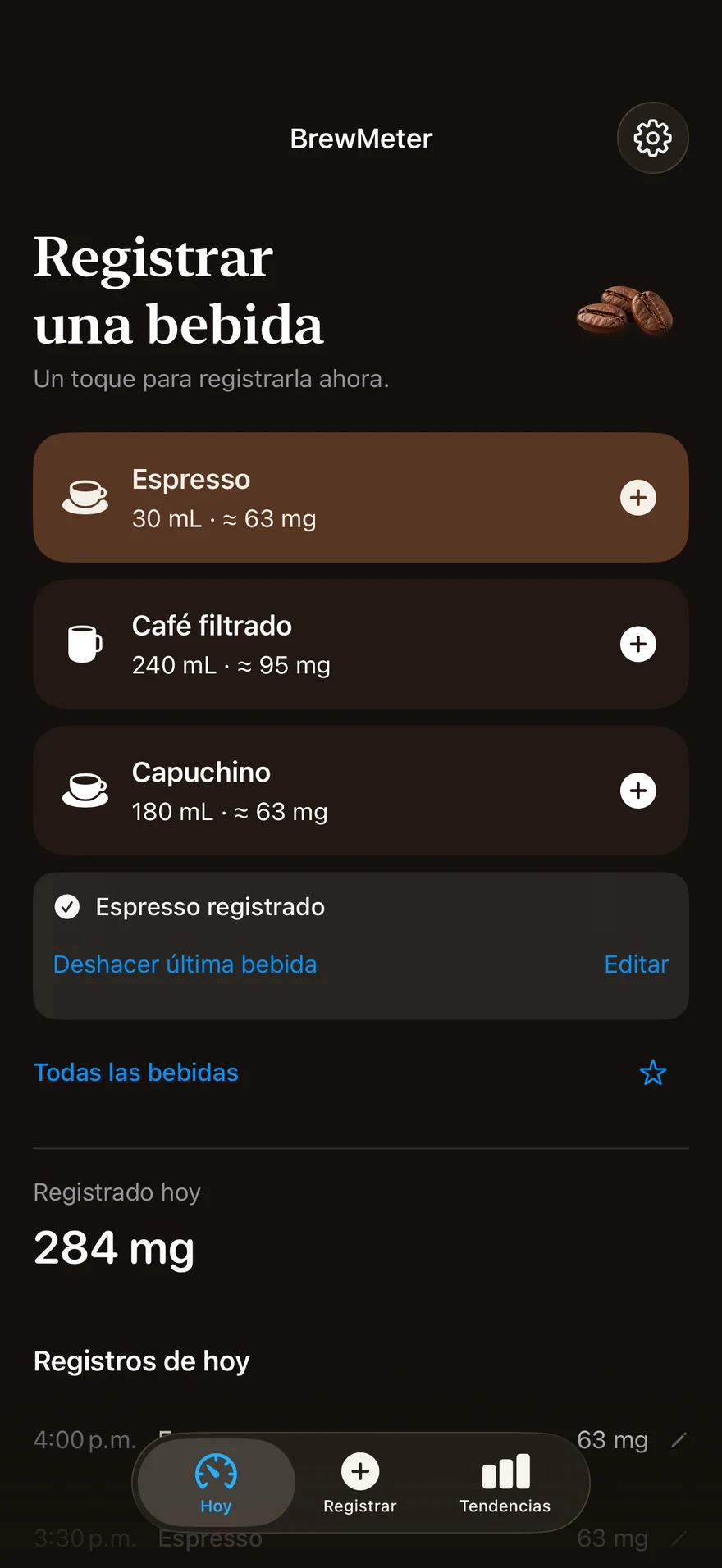 Un espresso recién registrado en BrewMeter, con botones para deshacer la última bebida o editarla.
