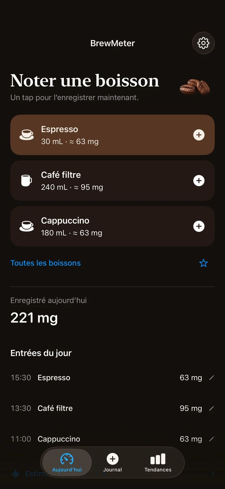 L'écran Aujourd'hui de BrewMeter : espresso, café filtre et cappuccino avec leur portion et leur caféine, et 221 mg enregistrés aujourd'hui.