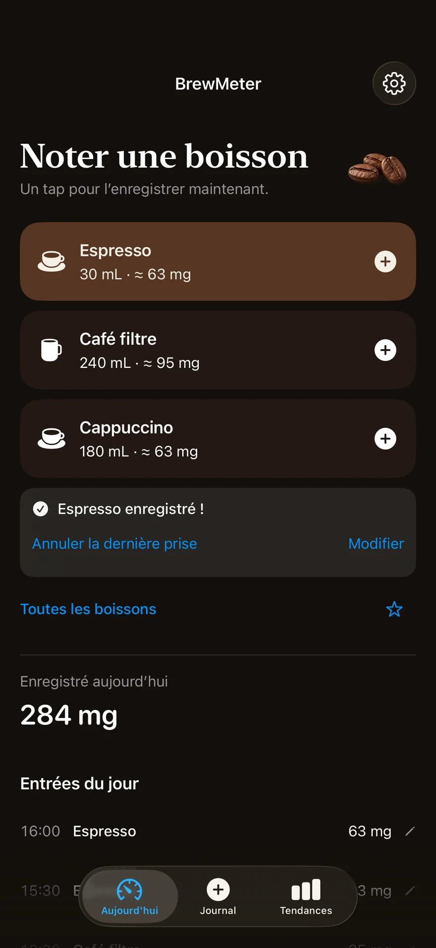 Un espresso tout juste enregistré dans BrewMeter, avec les boutons pour annuler la dernière boisson ou la modifier.