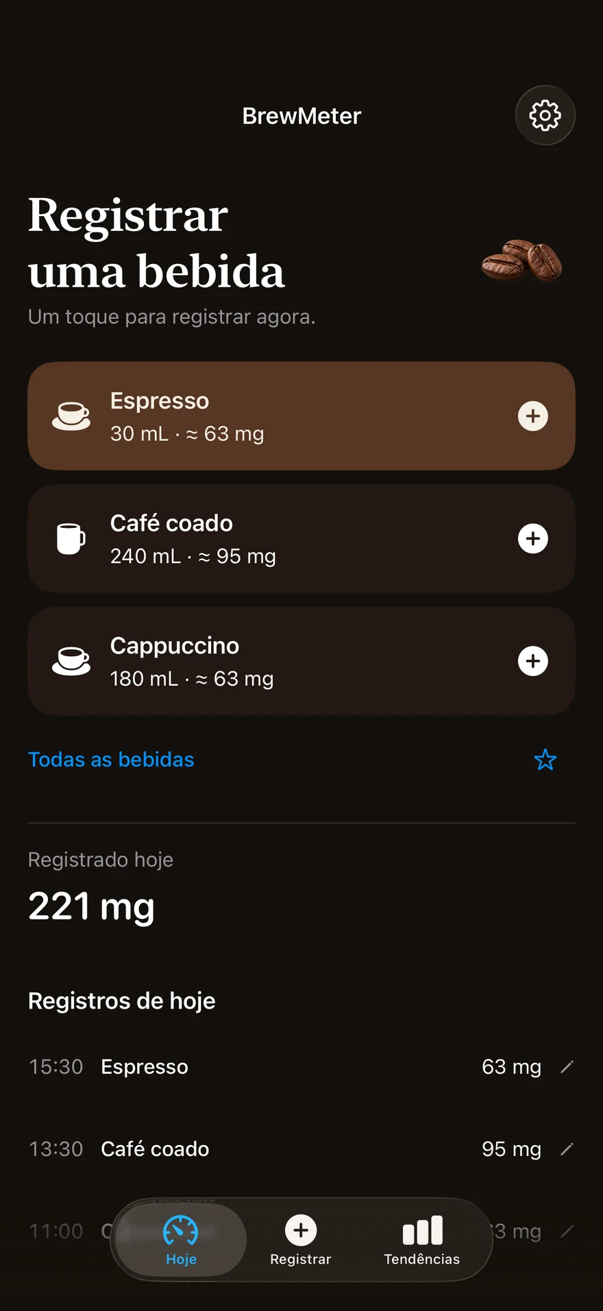 A tela Hoje do BrewMeter: espresso, café coado e cappuccino com porção e cafeína, e 221 mg registrados hoje.
