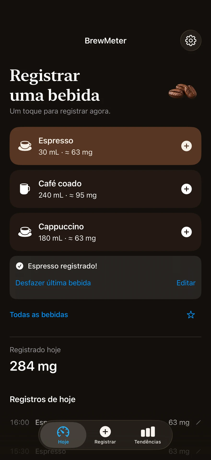 Um espresso acabado de registrar no BrewMeter, com botões para desfazer a última bebida ou editá-la.