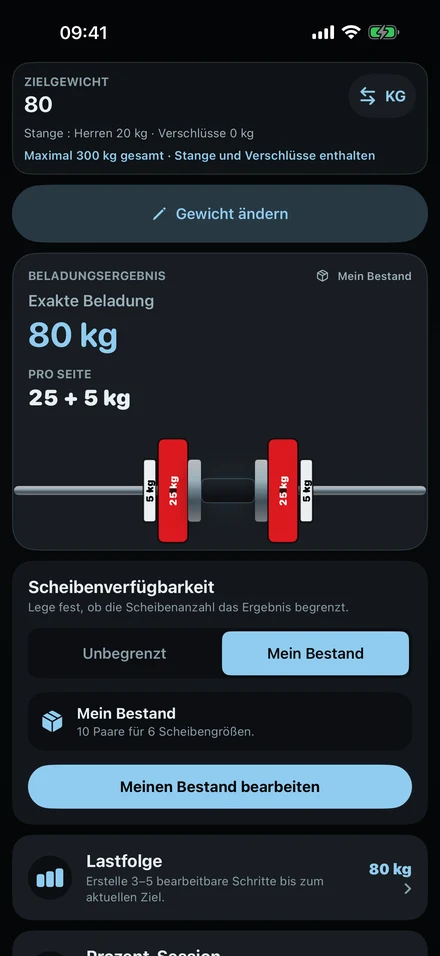 ColdLoad-Ergebnis für 80 kg: 25-kg- und 5-kg-Scheiben auf jeder Seite einer 20-kg-Stange, auf der Stange dargestellt.