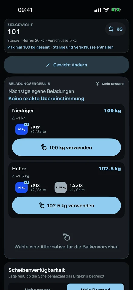 ColdLoad, wenn 101 kg nicht möglich sind: die nächste niedrigere Last, 100 kg, und die höhere, 102,5 kg, mit ihren Scheiben.