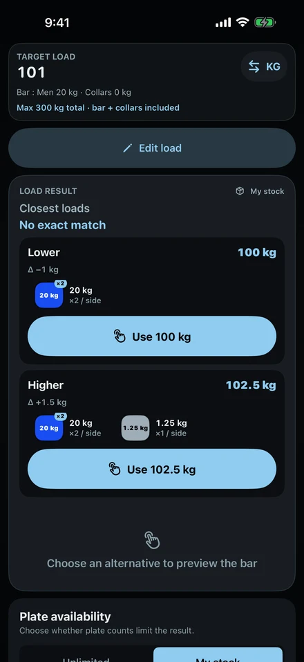 ColdLoad when 101 kg cannot be built: the closest lower load, 100 kg, and higher load, 102.5 kg, with their plates.