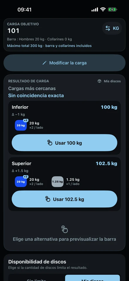 ColdLoad cuando 101 kg no es posible: la carga inferior más cercana, 100 kg, y la superior, 102,5 kg, con sus discos.