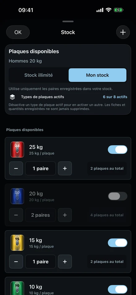 Le stock de disques dans ColdLoad : disques illimités ou Mon stock, avec le nombre de paires pour chaque poids.