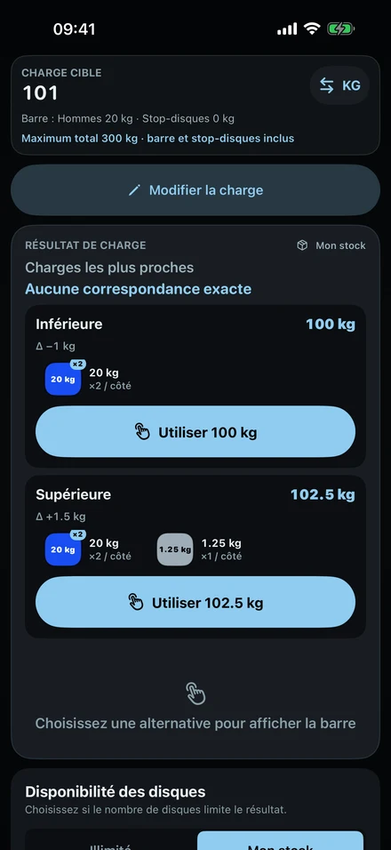 ColdLoad quand 101 kg est impossible : la charge inférieure la plus proche, 100 kg, et la supérieure, 102,5 kg, avec leurs disques.