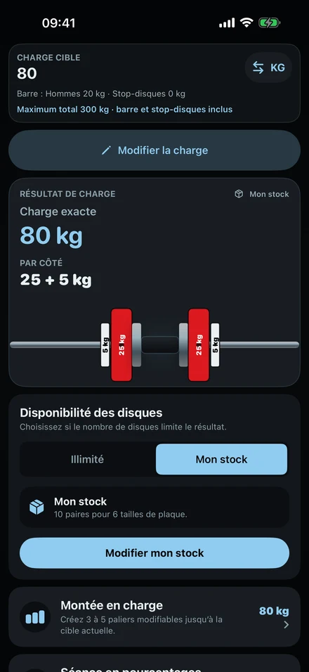 Résultat ColdLoad pour 80 kg : disques de 25 kg et 5 kg de chaque côté d'une barre de 20 kg, dessinés sur la barre.
