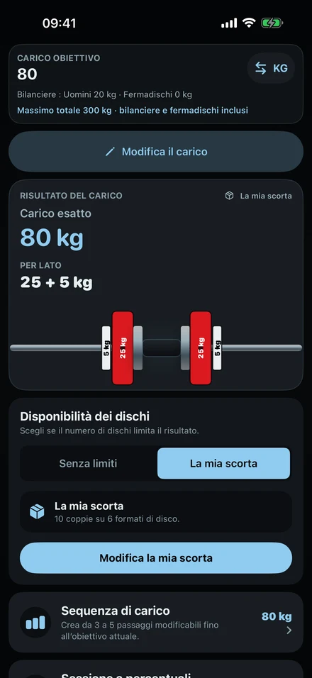 Risultato di ColdLoad per 80 kg: dischi da 25 kg e 5 kg su ogni lato di un bilanciere da 20 kg, disegnati sul bilanciere.