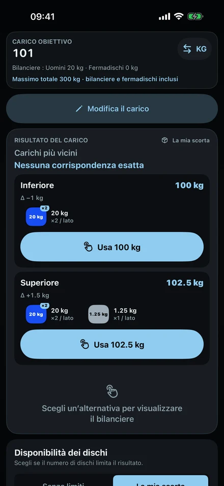 ColdLoad quando 101 kg non si può comporre: il carico inferiore più vicino, 100 kg, e quello superiore, 102,5 kg, con i loro dischi.