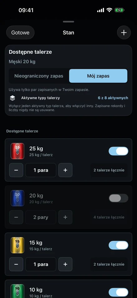 Zapas talerzy w ColdLoad: bez limitu lub Mój zapas, z liczbą par dla każdej wagi.