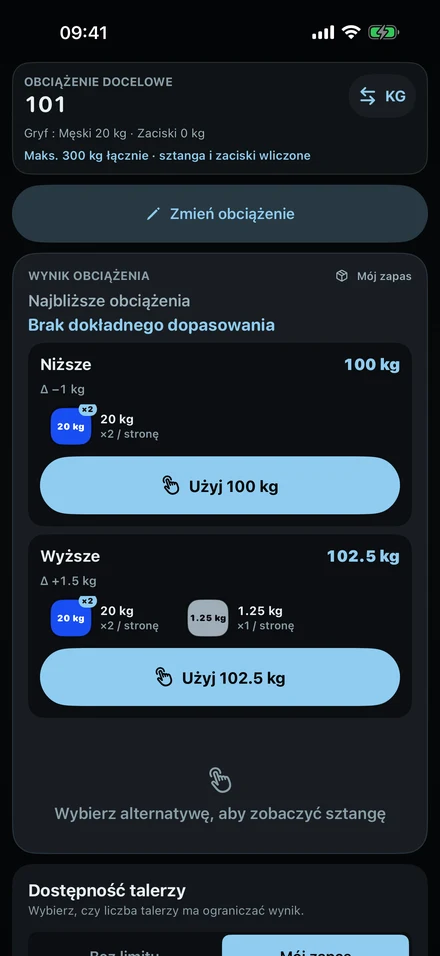 ColdLoad, gdy 101 kg nie da się złożyć: najbliższy niższy ciężar, 100 kg, i wyższy, 102,5 kg, z ich talerzami.