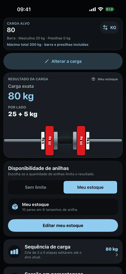 Resultado do ColdLoad para 80 kg: anilhas de 25 kg e 5 kg em cada lado de uma barra de 20 kg, desenhadas na barra.