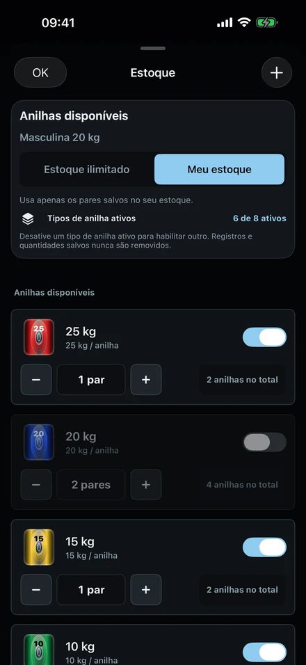 Estoque de anilhas no ColdLoad: ilimitado ou Meu estoque, com o número de pares de cada peso.