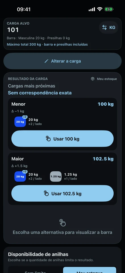 ColdLoad quando 101 kg não dá para montar: a carga inferior mais próxima, 100 kg, e a superior, 102,5 kg, com suas anilhas.