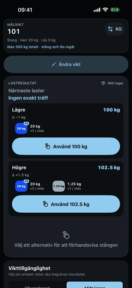 ColdLoad när 101 kg inte går att bygga: närmaste lägre vikt, 100 kg, och högre, 102,5 kg, med deras skivor.