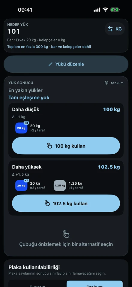 101 kg kurulamadığında ColdLoad: en yakın düşük yük 100 kg ve yüksek yük 102,5 kg, plakalarıyla.