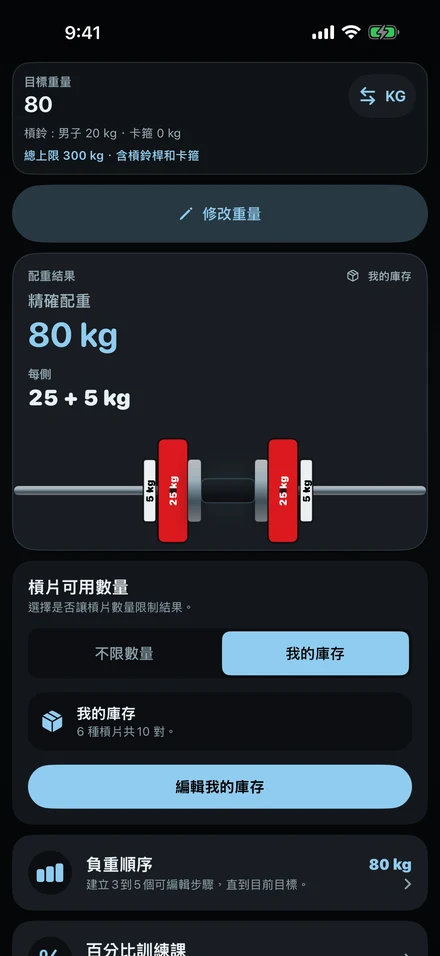 ColdLoad 80 kg 的結果：20 kg 槓鈴桿每側 25 kg 和 5 kg 槓片，並畫在桿上。