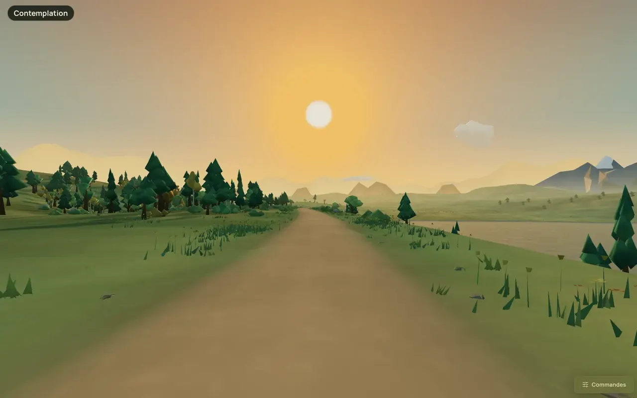 Contemplation dans Échappée : une route au soleil couchant entre les prairies et les montagnes.