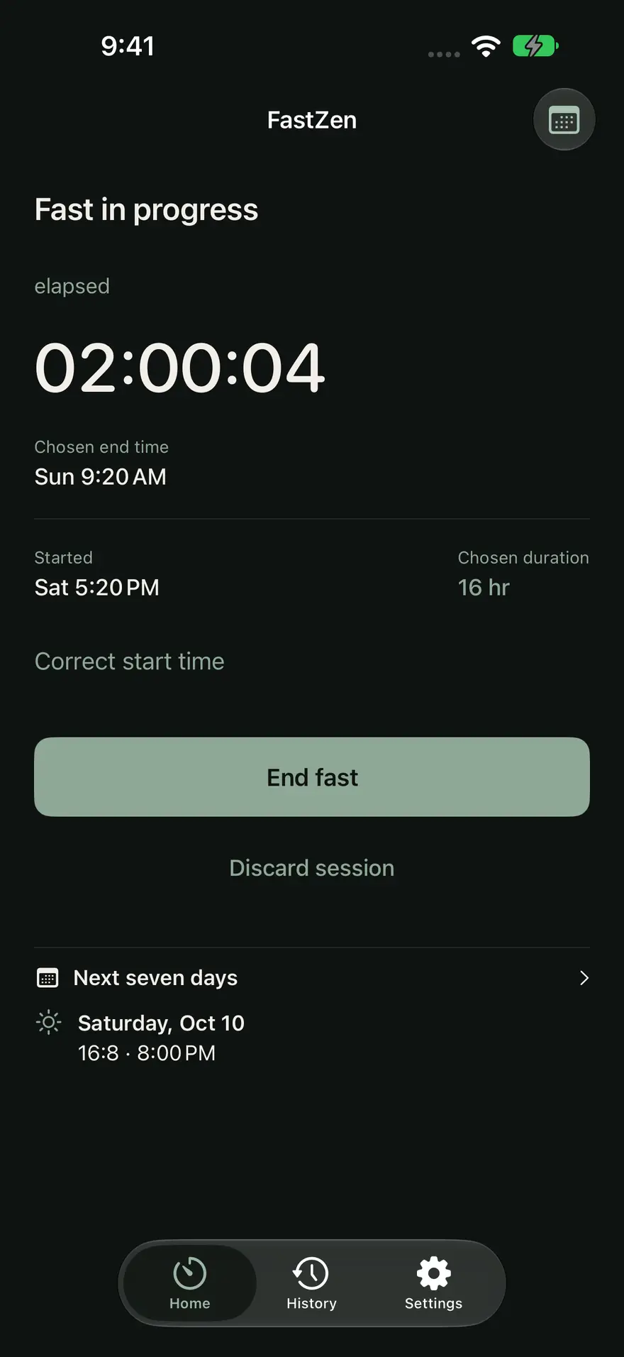 FastZenのホーム画面。進行中の断食、経過2:00:04、終了予定は日曜9:20、開始は土曜17:20、16時間、終了ボタン、これからの7日間。