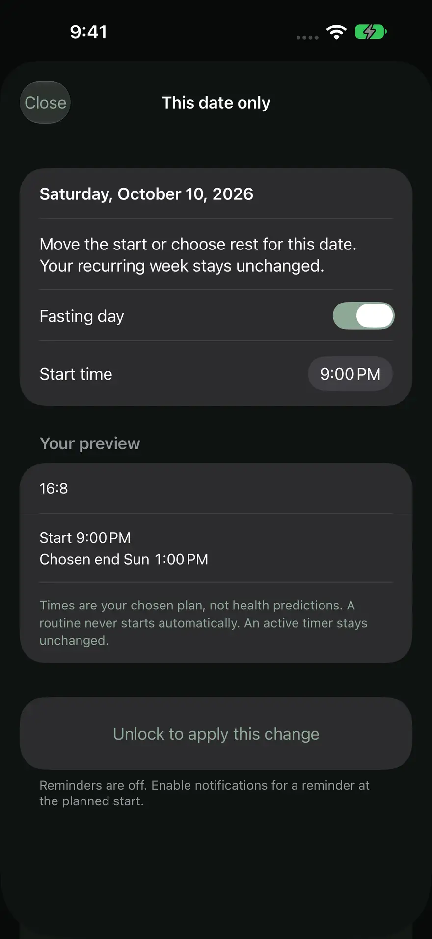 FastZenの「この日だけ」。開始を動かすか、その日を休みにする。16:8のプレビュー付き。