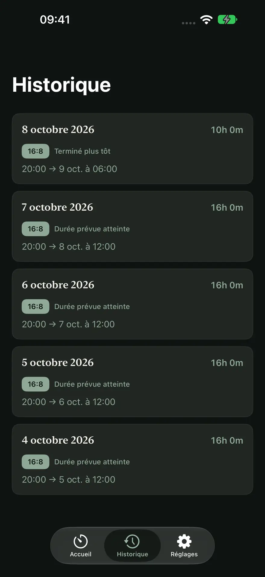 Historique de FastZen : sessions du 27, 26, 24, 22 et 21 oct., 16 h, durée prévue atteinte.