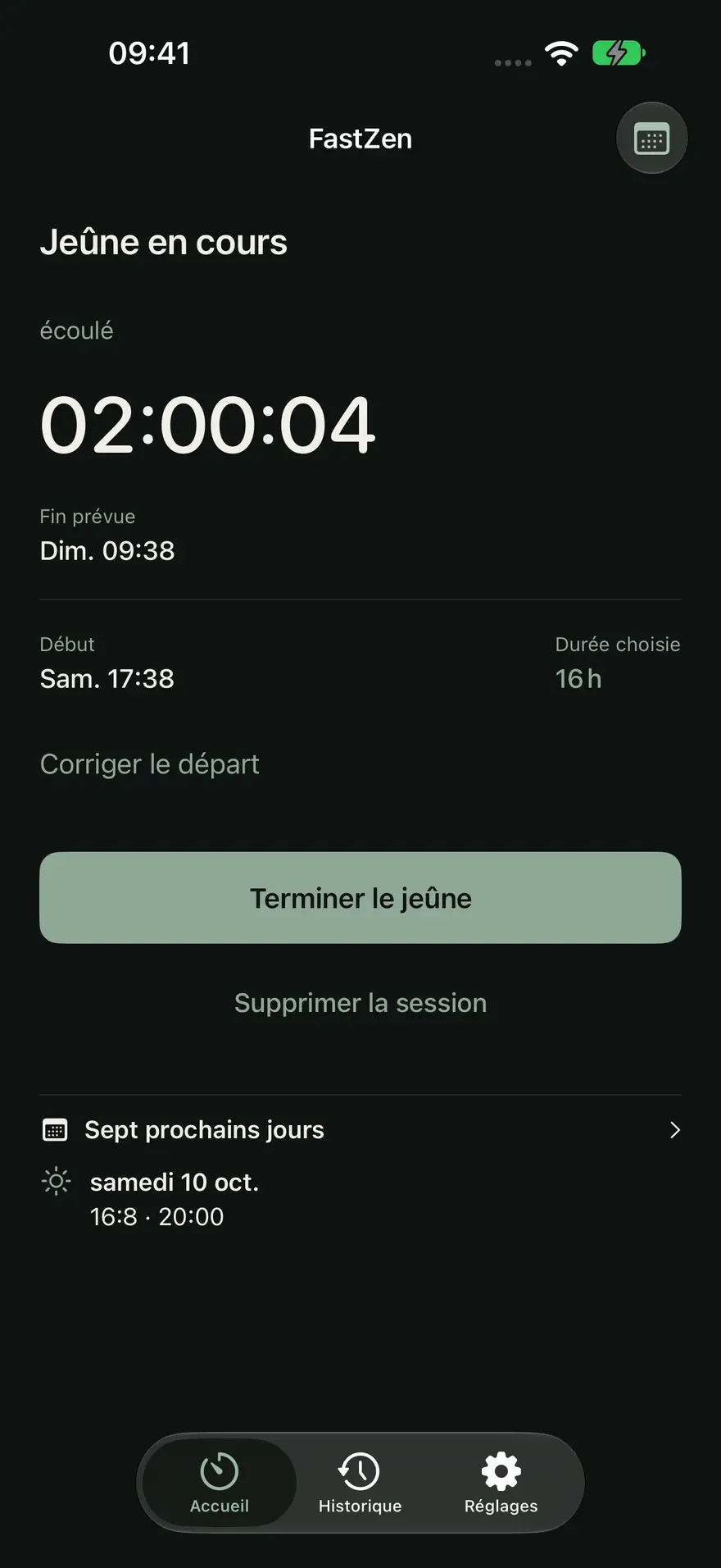 Accueil de FastZen, jeûne en cours : 02:00:04 écoulé, fin prévue dimanche à 09:38, début samedi à 17:38, durée 16 h, bouton Terminer le jeûne, aperçu des 7 prochains jours.