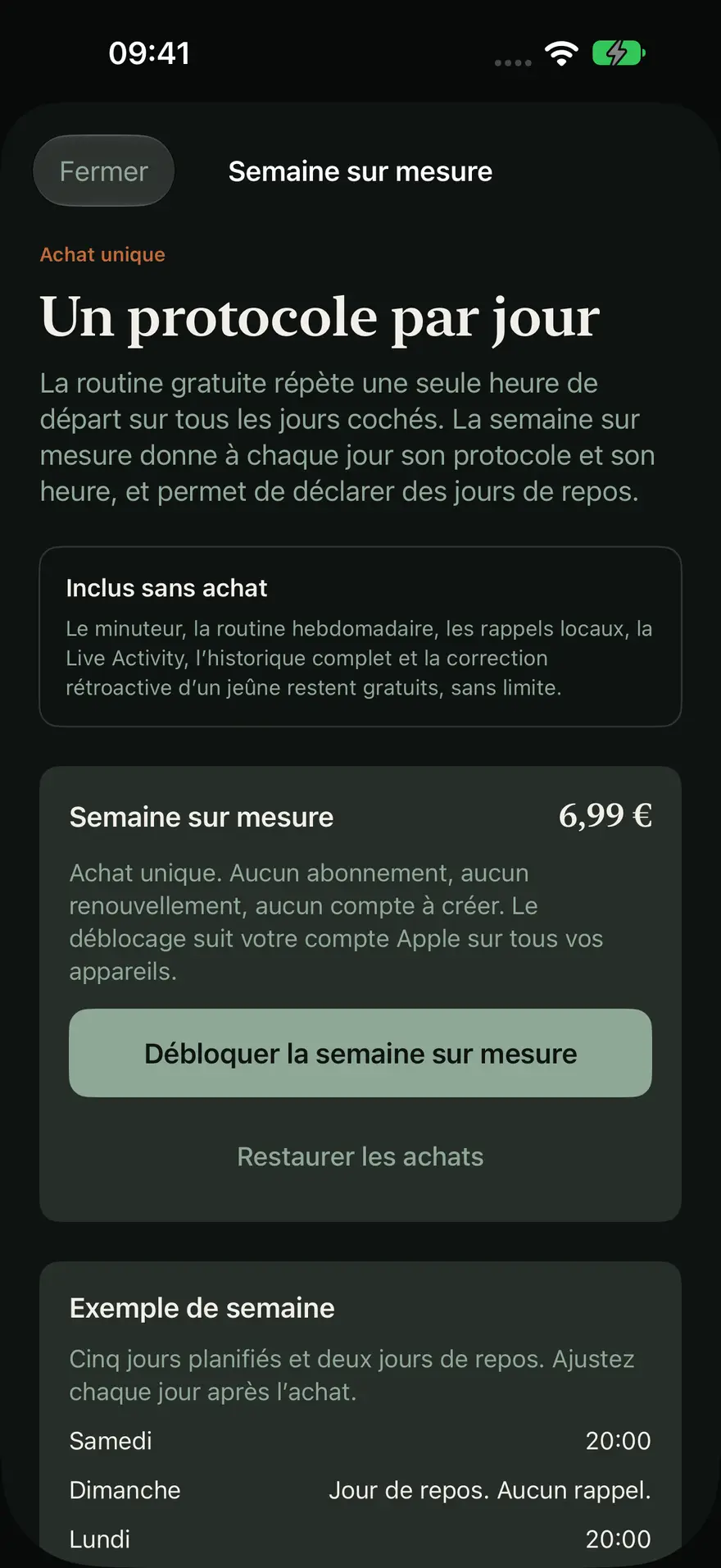 Écran d’achat Semaine sur mesure : 6,99 € en achat unique, bouton Restaurer, exemple de semaine.