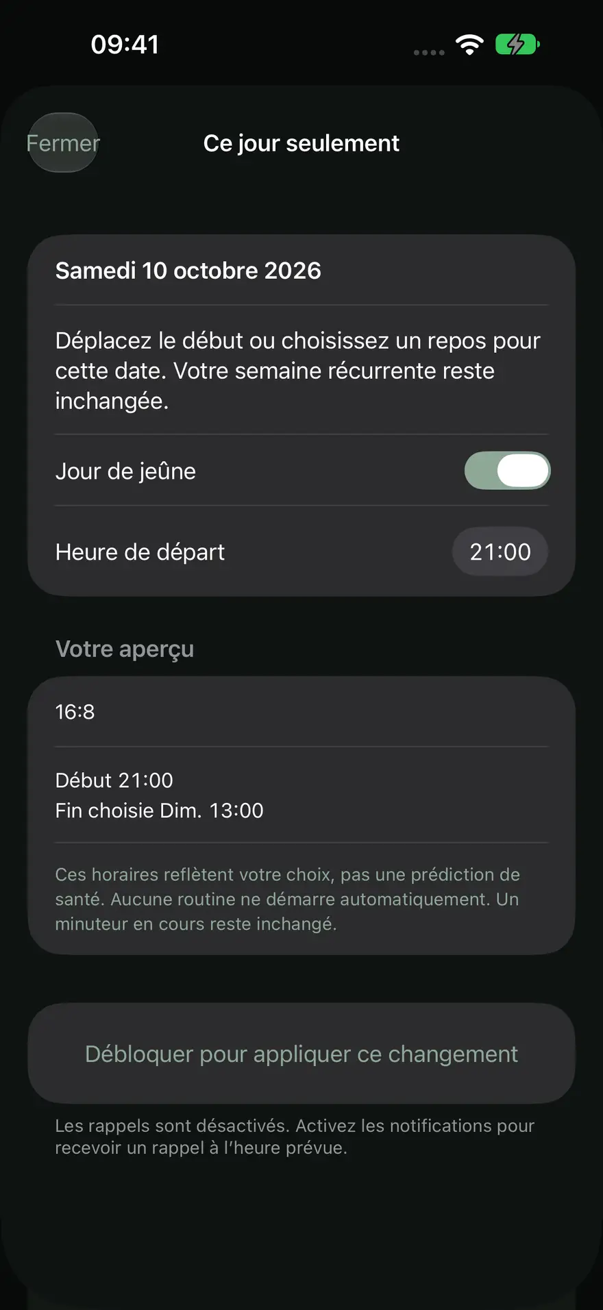 Ce jour seulement dans FastZen : déplacer le début à 21:00 ou choisir un repos pour le mardi 27 oct., aperçu 16:8 de 21:00 à 13:00.