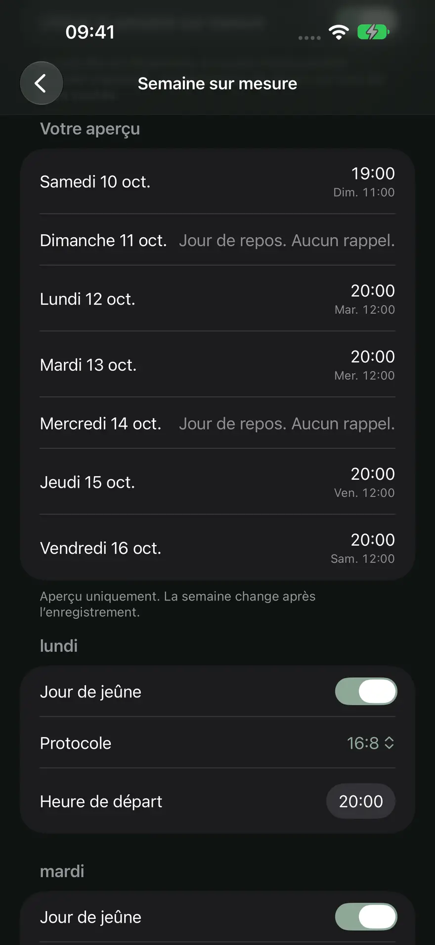 Semaine sur mesure à l’écran : un protocole et une heure de début par jour, mardi et samedi en repos.