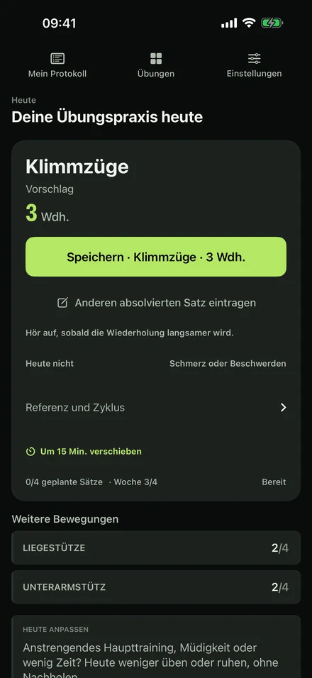 GrooveLog heute: ein vorgeschlagener Satz mit 3 Klimmzügen und die Taste zum Speichern.