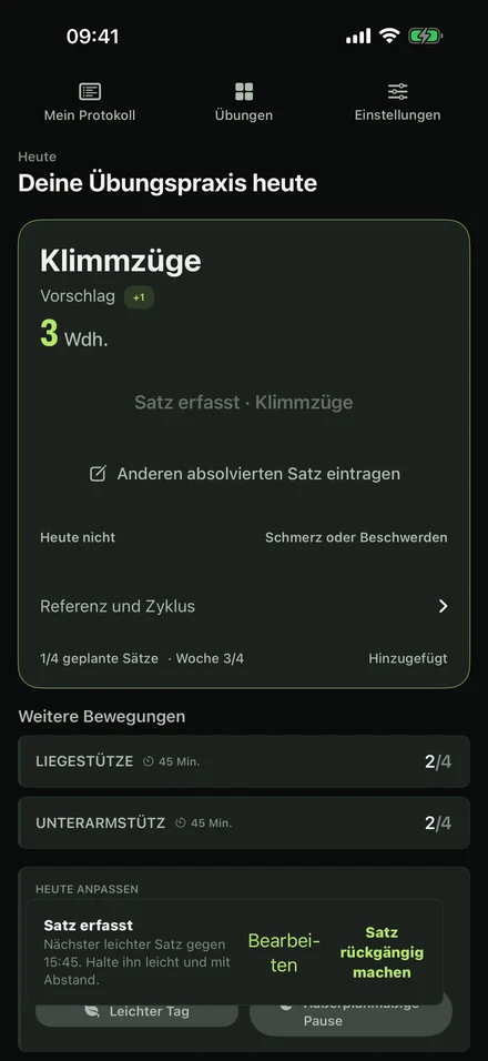 GrooveLog nach einem Satz: 3 Klimmzüge eingetragen, der nächste leichte Satz gegen 15:45 Uhr vorgeschlagen.