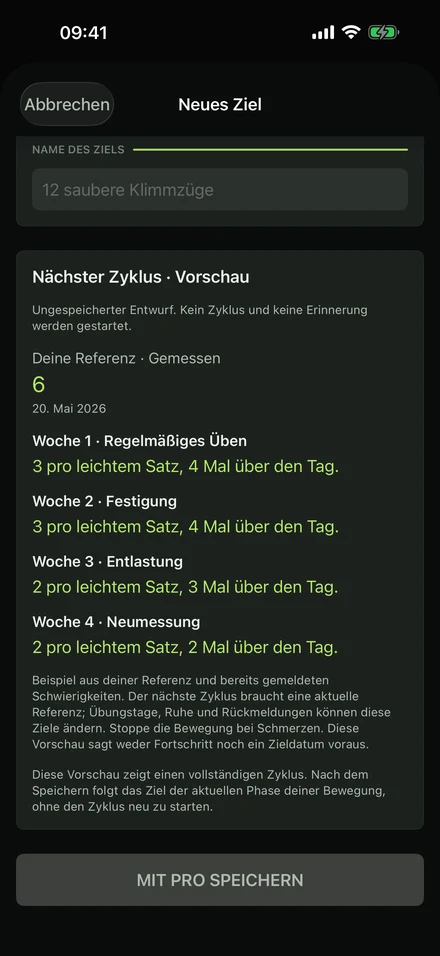 Vorschau auf den nächsten Zyklus in GrooveLog: vier Wochen Übung, Festigung, Entlastung und Retest ab einer gemessenen Referenz von 6.