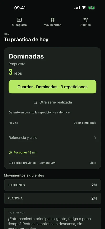 GrooveLog hoy: una serie sugerida de 3 dominadas y el botón para guardarla.