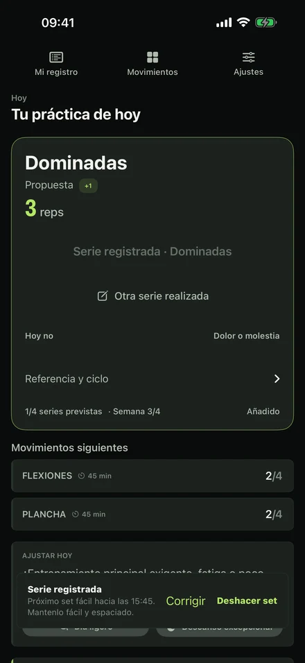GrooveLog tras una serie: 3 dominadas anotadas y la siguiente serie fácil sugerida hacia las 15:45.