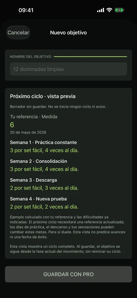 Vista previa del próximo ciclo en GrooveLog: cuatro semanas de práctica, consolidación, descarga y reevaluación a partir de una referencia medida de 6.