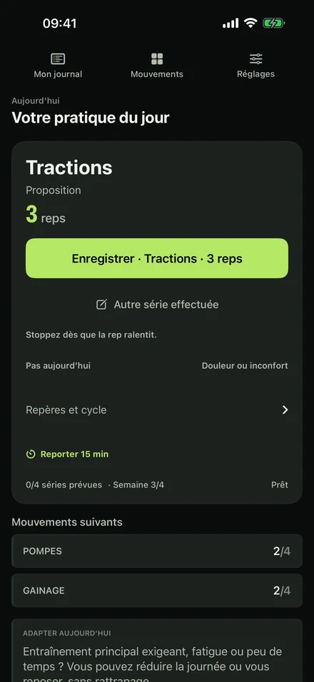GrooveLog aujourd'hui : une série de 3 tractions proposée et le bouton pour l'enregistrer.
