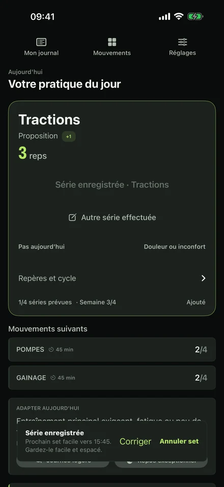 GrooveLog après une série : 3 tractions notées et la prochaine série facile proposée vers 15 h 45.