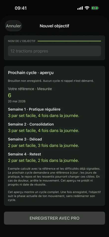 Aperçu du prochain cycle dans GrooveLog : quatre semaines de pratique, consolidation, allègement et retest, à partir d'une référence mesurée de 6.