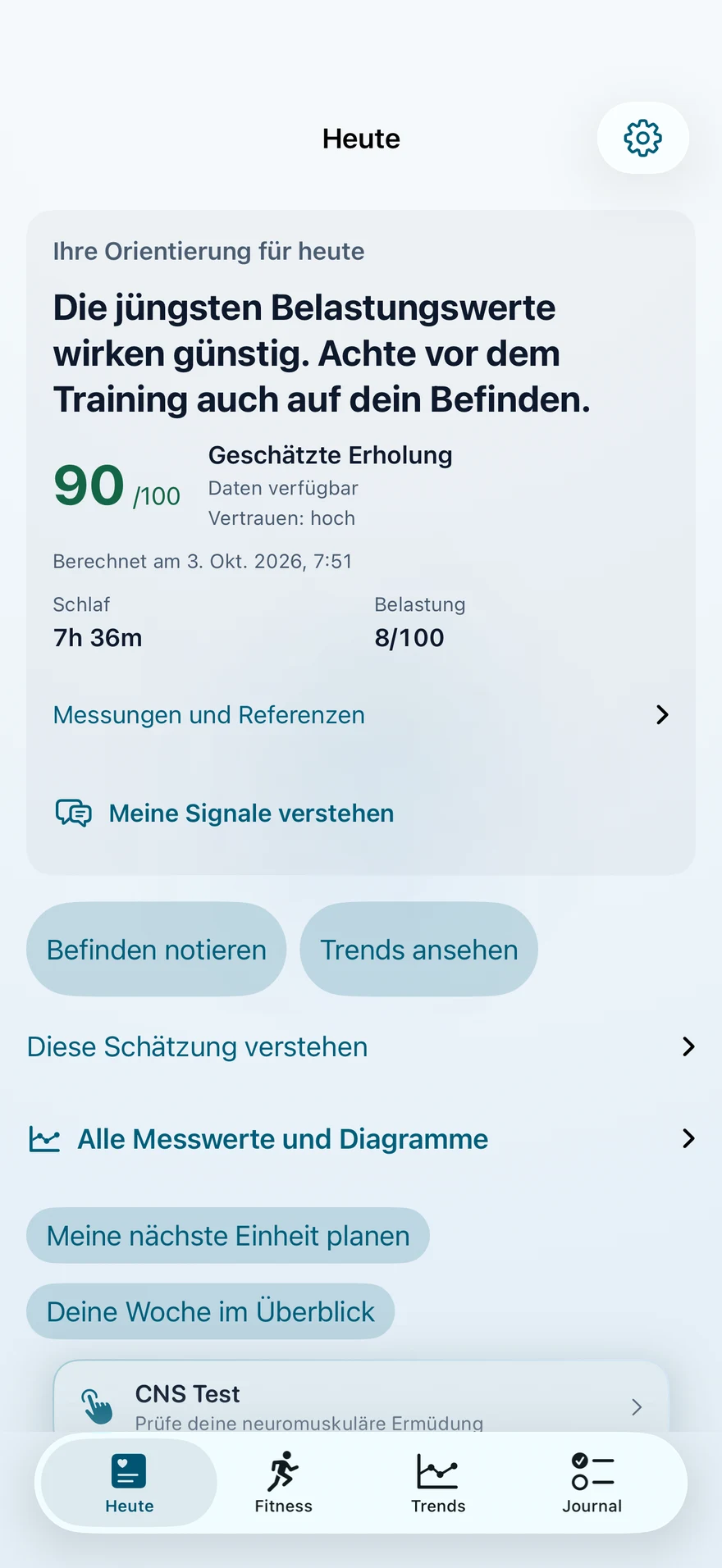 LoadSense-Bildschirm Heute: geschätzte Erholung 90 von 100, 7 h 36 min Schlaf und Belastung 8 von 100.
