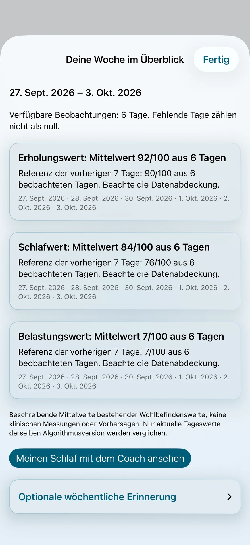 Wochenrückblick in LoadSense: durchschnittliche Werte für Erholung, Schlaf und Trainingsbelastung über sechs Tage.