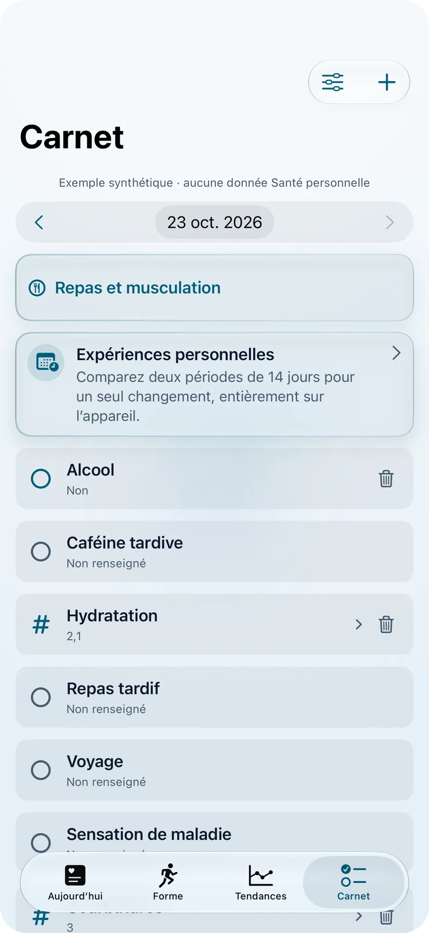 Carnet LoadSense d'une journée : repas et musculation, expériences personnelles, alcool, caféine tardive, hydratation, repas tardif, voyage et sensation de maladie.