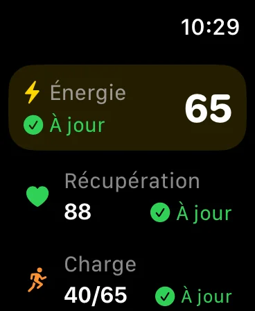 LoadSense sur Apple Watch : énergie 65, récupération 88 et charge 40 sur 65, chacune marquée à jour.