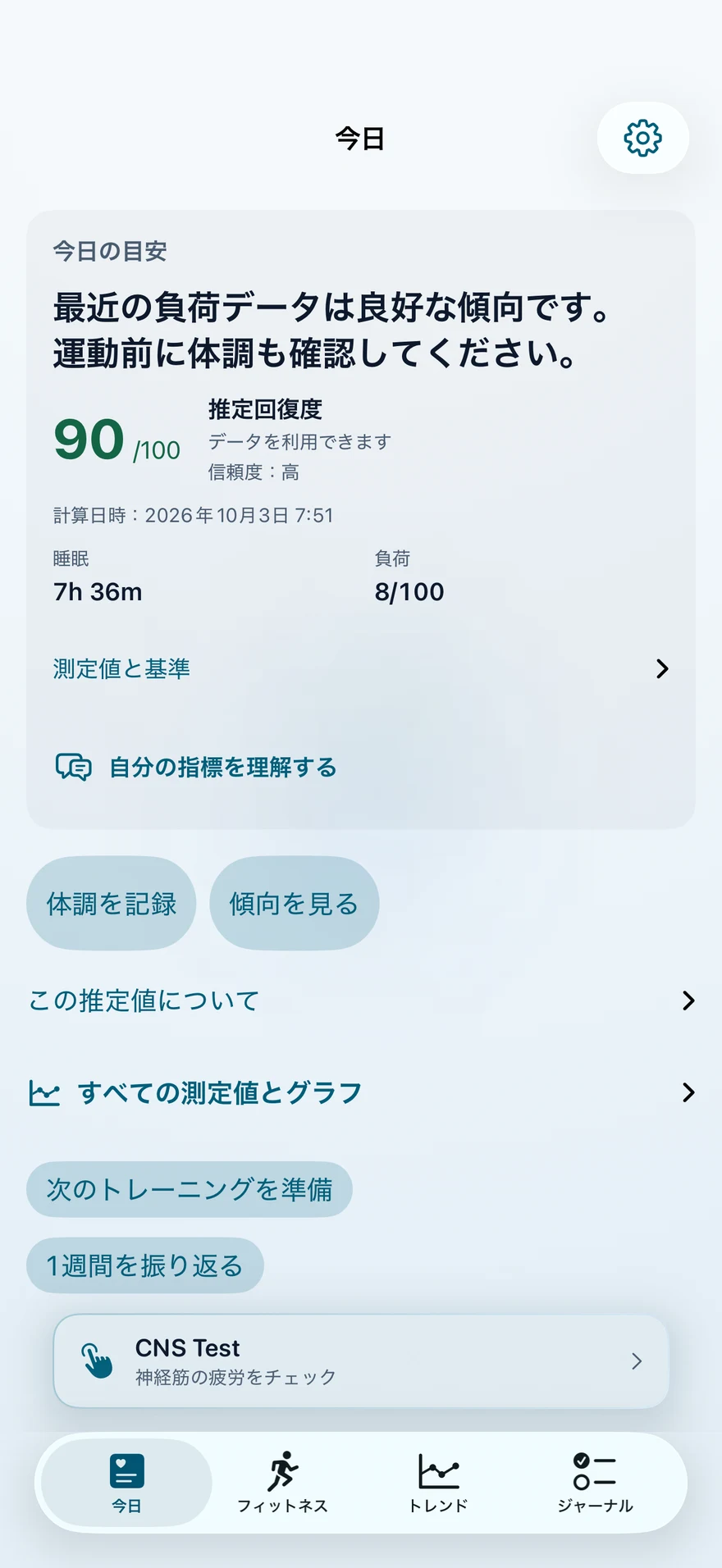 LoadSenseの「今日」画面:推定回復90/100、睡眠7時間36分、負荷8/100。