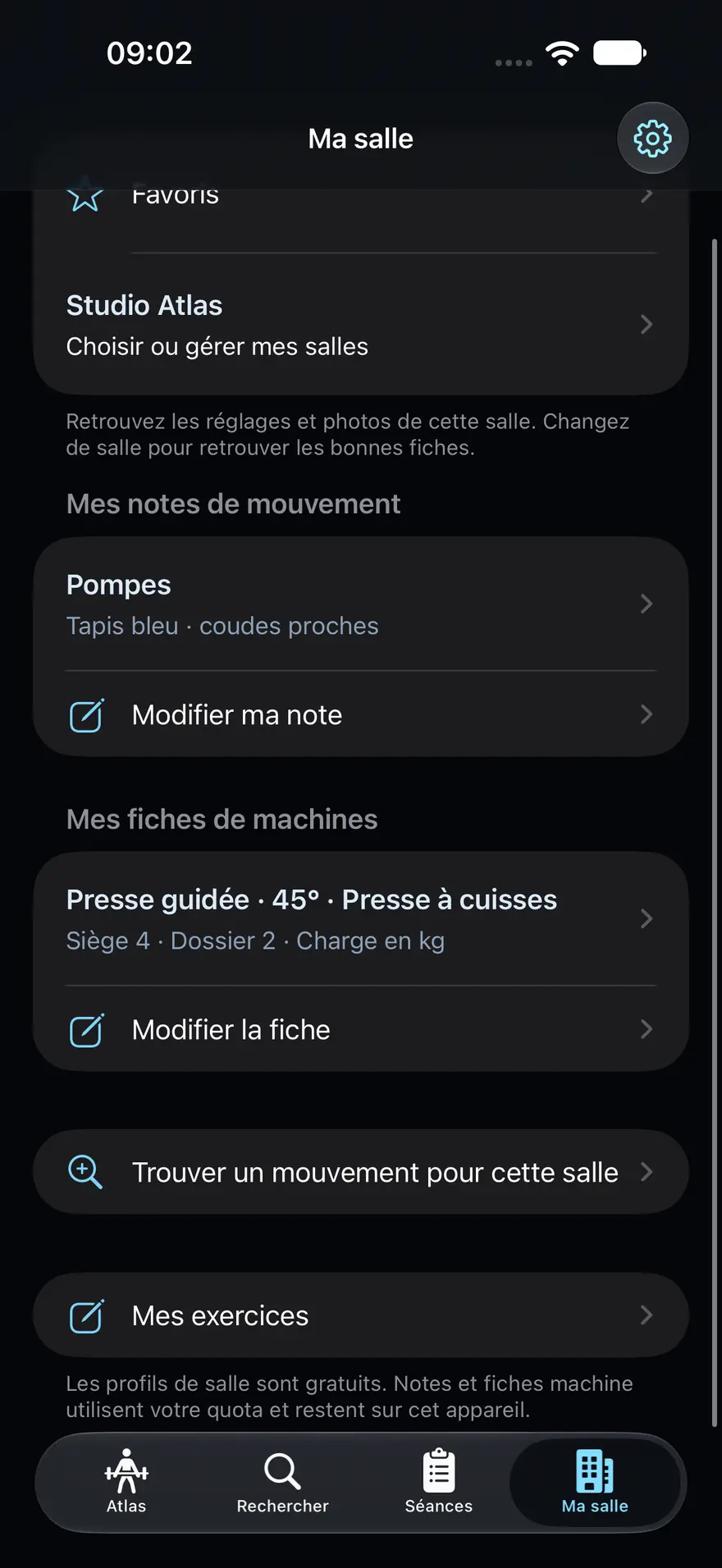 Écran Ma salle dans MoveAtlas : note de mouvement pour les pompes, fiches machines et exercices personnels.
